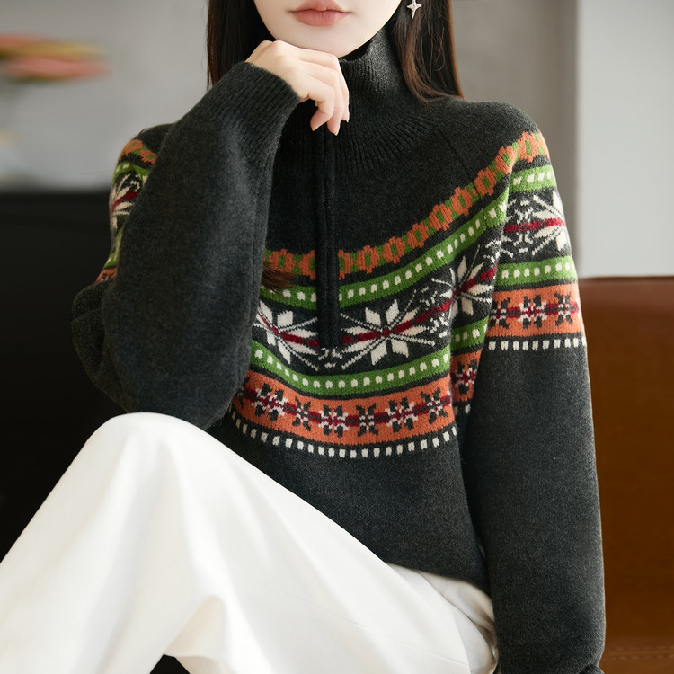络纱服饰&YL77902-新款费尔岛半拉链-羊毛衫批发-女装批发-衣衫汇